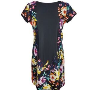 ELIZA‎ J black short sleeve floral stripe polyester shift dress 6